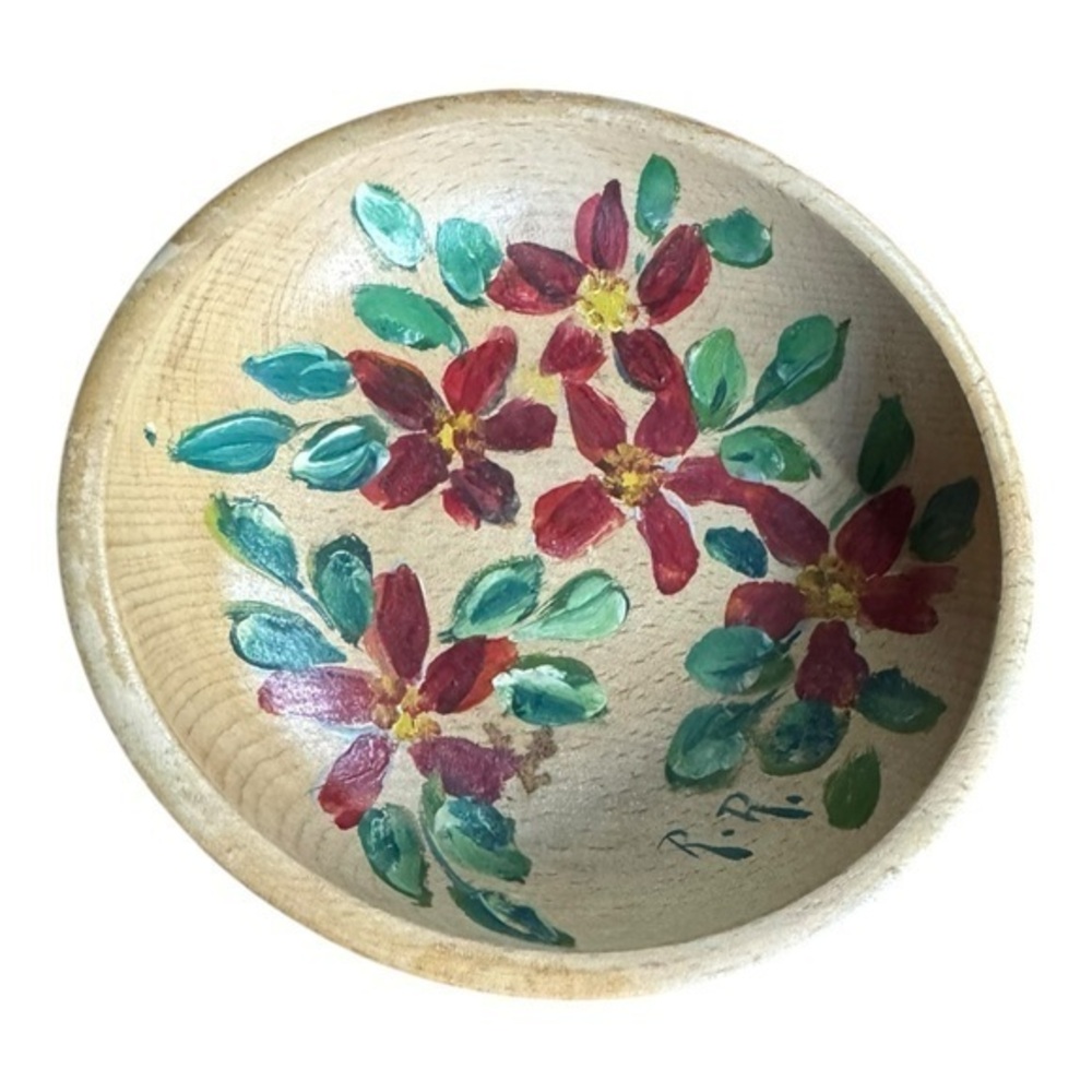 Vintage Fred Roberts Co Wood Wooden Bowl Hand‎ Painted Red Flower 6” Bowl